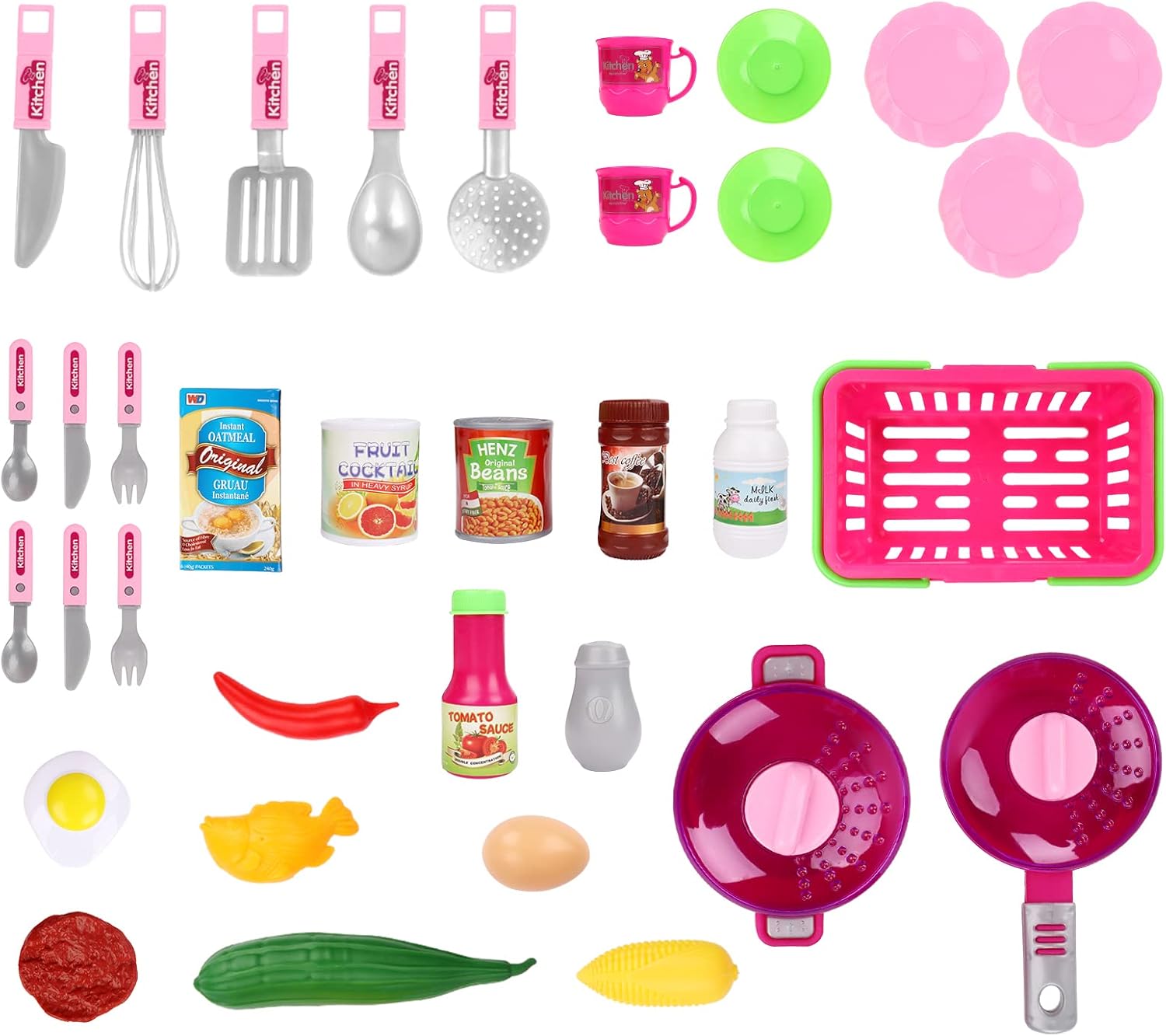 deAO My Little Chef Kitchen Play Set with 30 Accessories for Children, Features Light and Sound for Children (Pink)