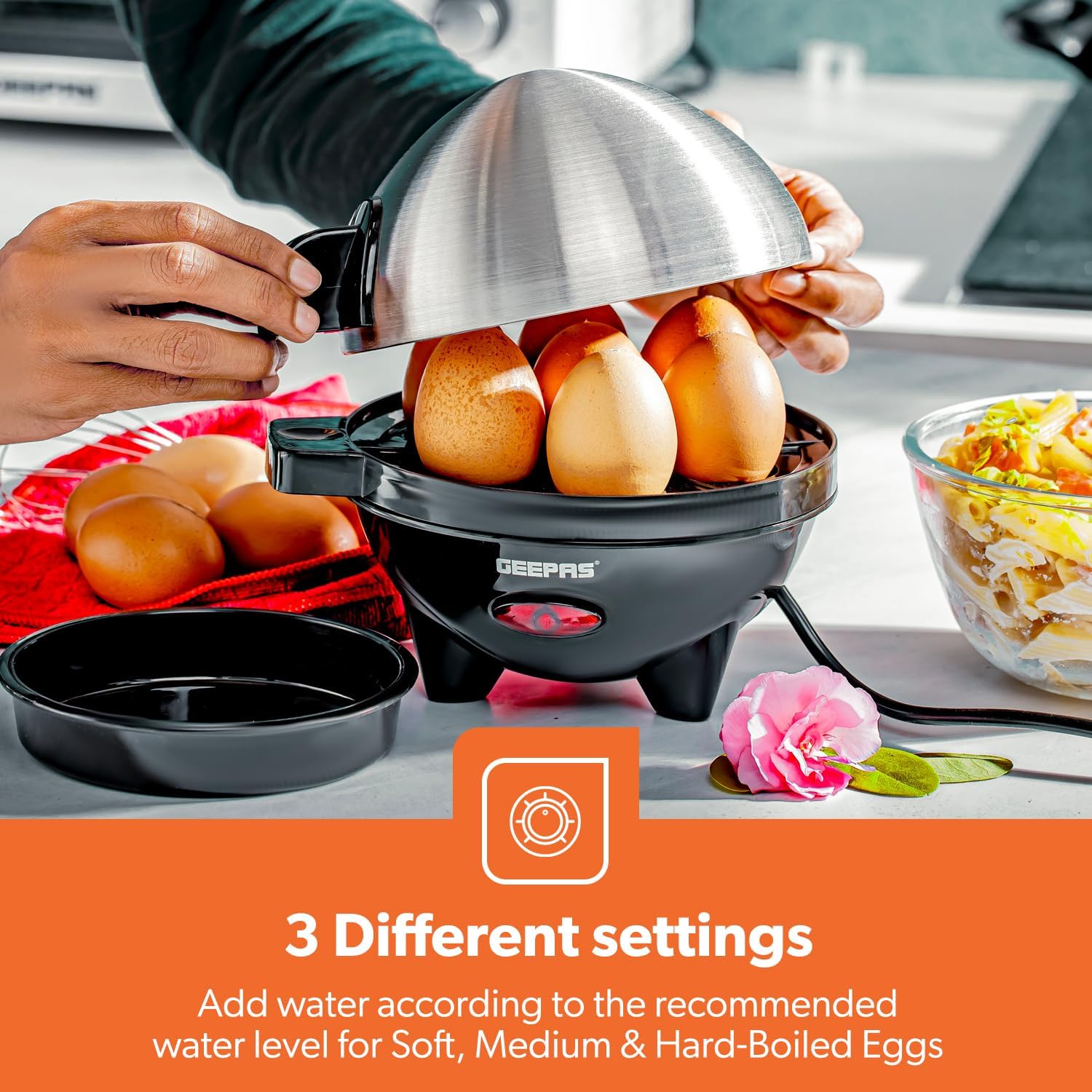 Geepas 3-in-1 Egg Boiler Poacher, 350W | Electric Egg Cooker & Omelette Maker, Vegetable Steamer | Poaching Bowl, Measuring Cup with Egg Piercer | Up to 7 Egg Capacity, Soft Medium & Hard-Boiled Eggs