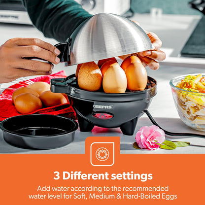 Geepas 3-in-1 Egg Boiler Poacher, 350W | Electric Egg Cooker & Omelette Maker, Vegetable Steamer | Poaching Bowl, Measuring Cup with Egg Piercer | Up to 7 Egg Capacity, Soft Medium & Hard-Boiled Eggs