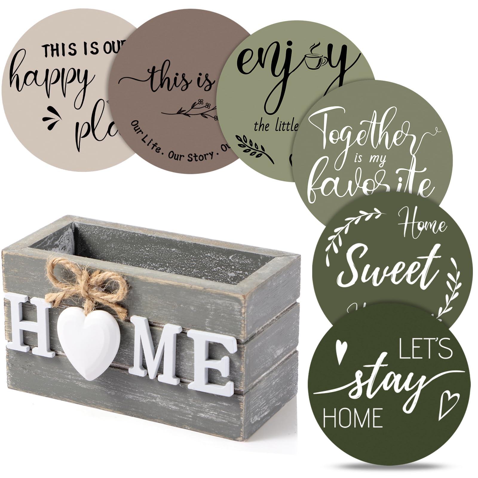 Queekay Housewarming Gifts for Home Decoration Wooden Heart Coasters for Drinks 6 Set Farmhouse Coasters with Holder Funny for Family Coffee Table Protection, 4''(Classic Farmhouse,Home)