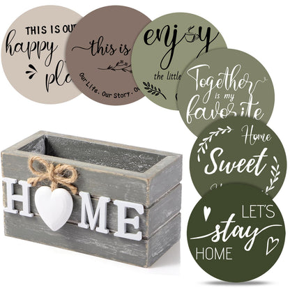 Queekay Housewarming Gifts for Home Decoration Wooden Heart Coasters for Drinks 6 Set Farmhouse Coasters with Holder Funny for Family Coffee Table Protection, 4''(Classic Farmhouse,Home)