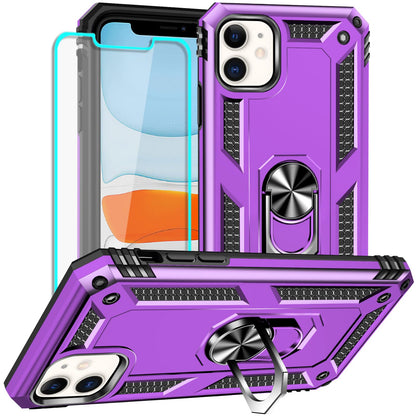 Yiakeng iPhone 11 Phone Case, iPhone 11 Case With Screen Protector, Silicone Shockproof Military Grade Protective Phone Cover with Ring Kickstand for iPhone 11 (Black)