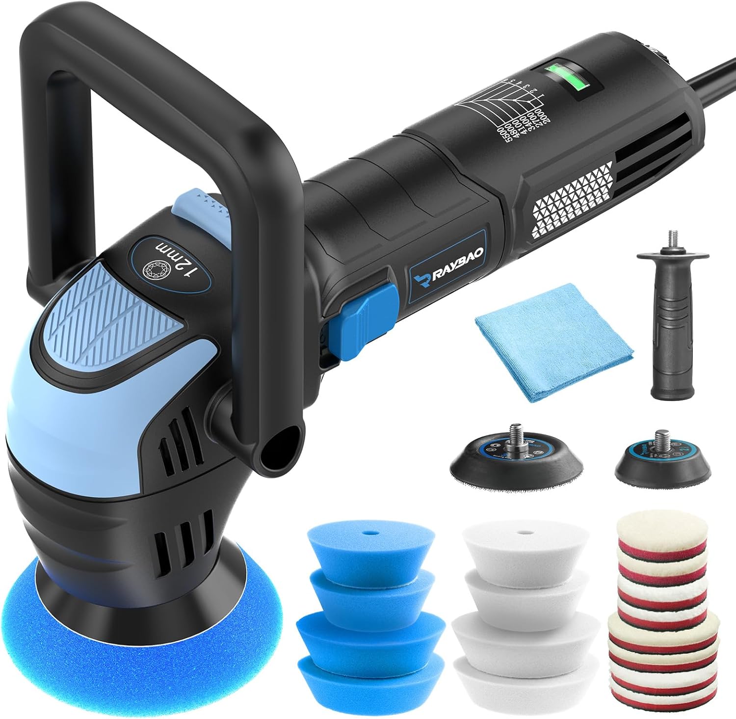 Mini Polisher, 2inch/ 3inch 750W Car Polishers and Buffers with 12mm Random Orbital-Improve Work Efficiency by 35%, 16pcs Trapezoidal Polisher Pads,16.4 ft Cord, DA Polisher for Car Polishing