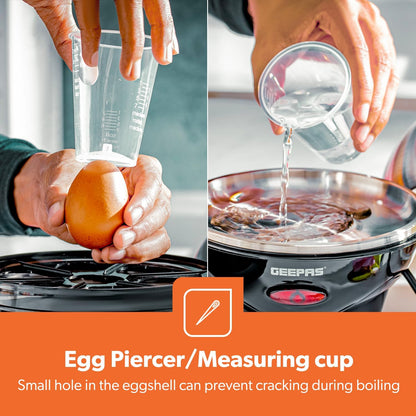 Geepas 3-in-1 Egg Boiler Poacher, 350W | Electric Egg Cooker & Omelette Maker, Vegetable Steamer | Poaching Bowl, Measuring Cup with Egg Piercer | Up to 7 Egg Capacity, Soft Medium & Hard-Boiled Eggs