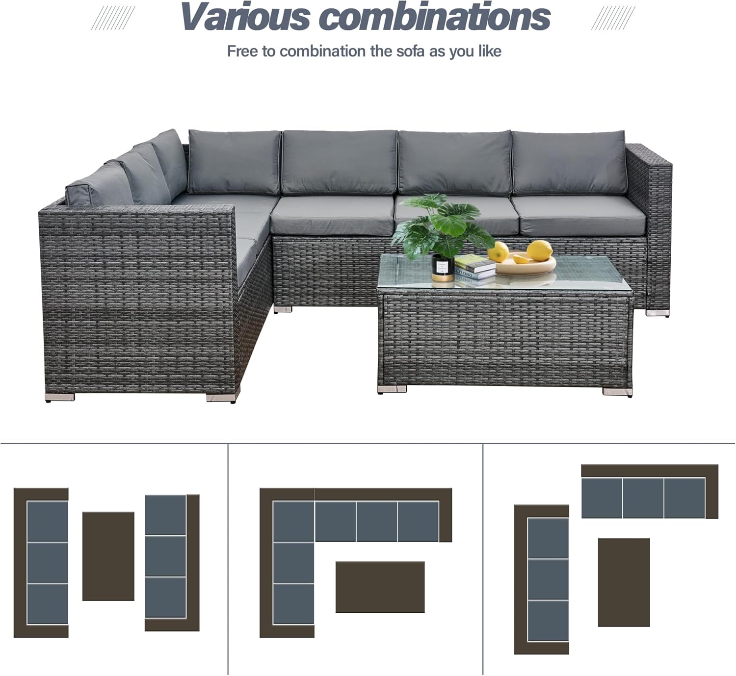 Aweather 6 Seater Rattan Corner Sofa Set Rattan Garden Furniture Set All-Weather PE Rattan Wicker Patio Conversation Set with Modern Glass Coffee Table and Washable Cushions (Gray)