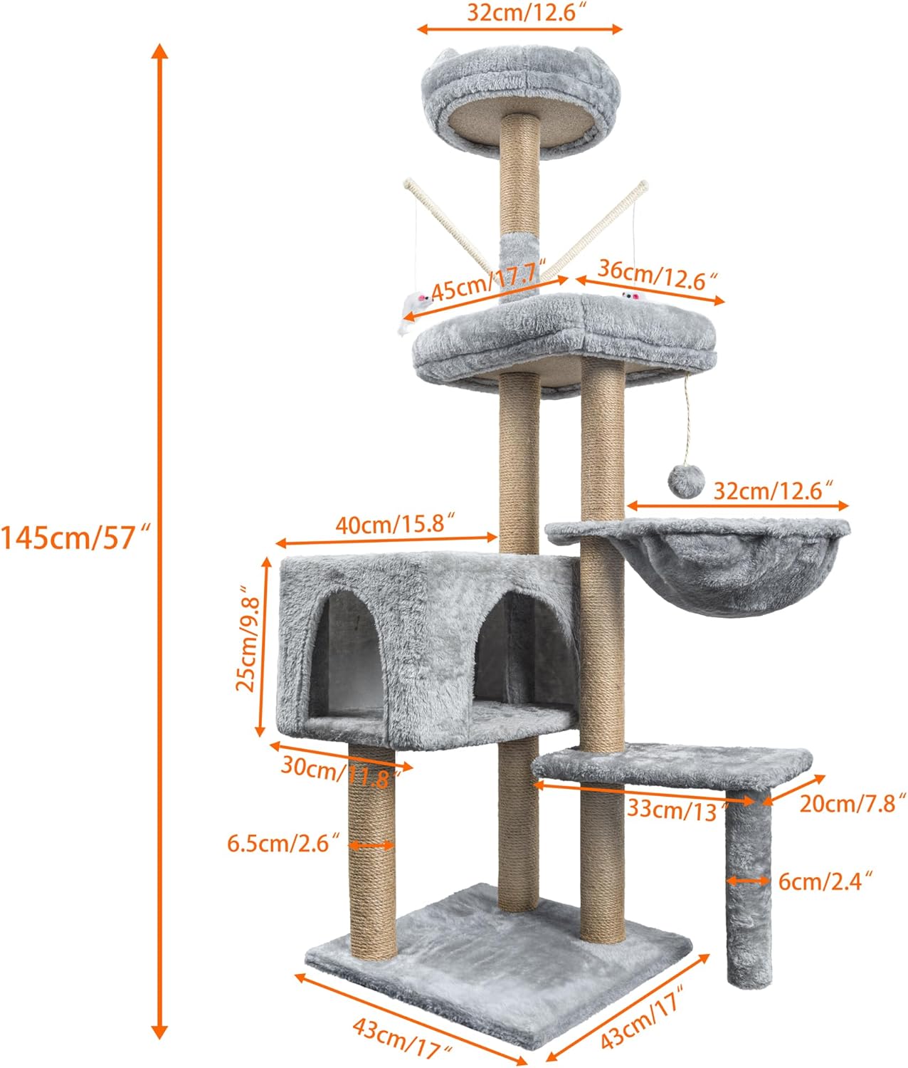 Cat Tree, 145cm Stable Cat Scratching Post for Indoor Cats, Multi-Level Cat Climbing Tower With Posts Fully Wrapped in Natural Sisal Rope, Suitable for Kitty Kitten