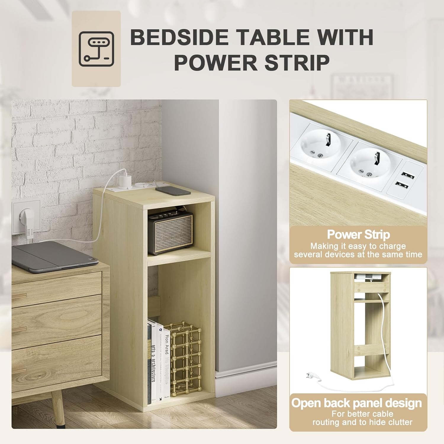 WOLTU Bedside Table, Nightstand with Charging Station with 2 Sockets and 2 USB Ports, Light Woodlook Side Table with 2 Open Compartments, Narrow Table for Living Room and Bedroom, 25x30x60cm, NTS06hei