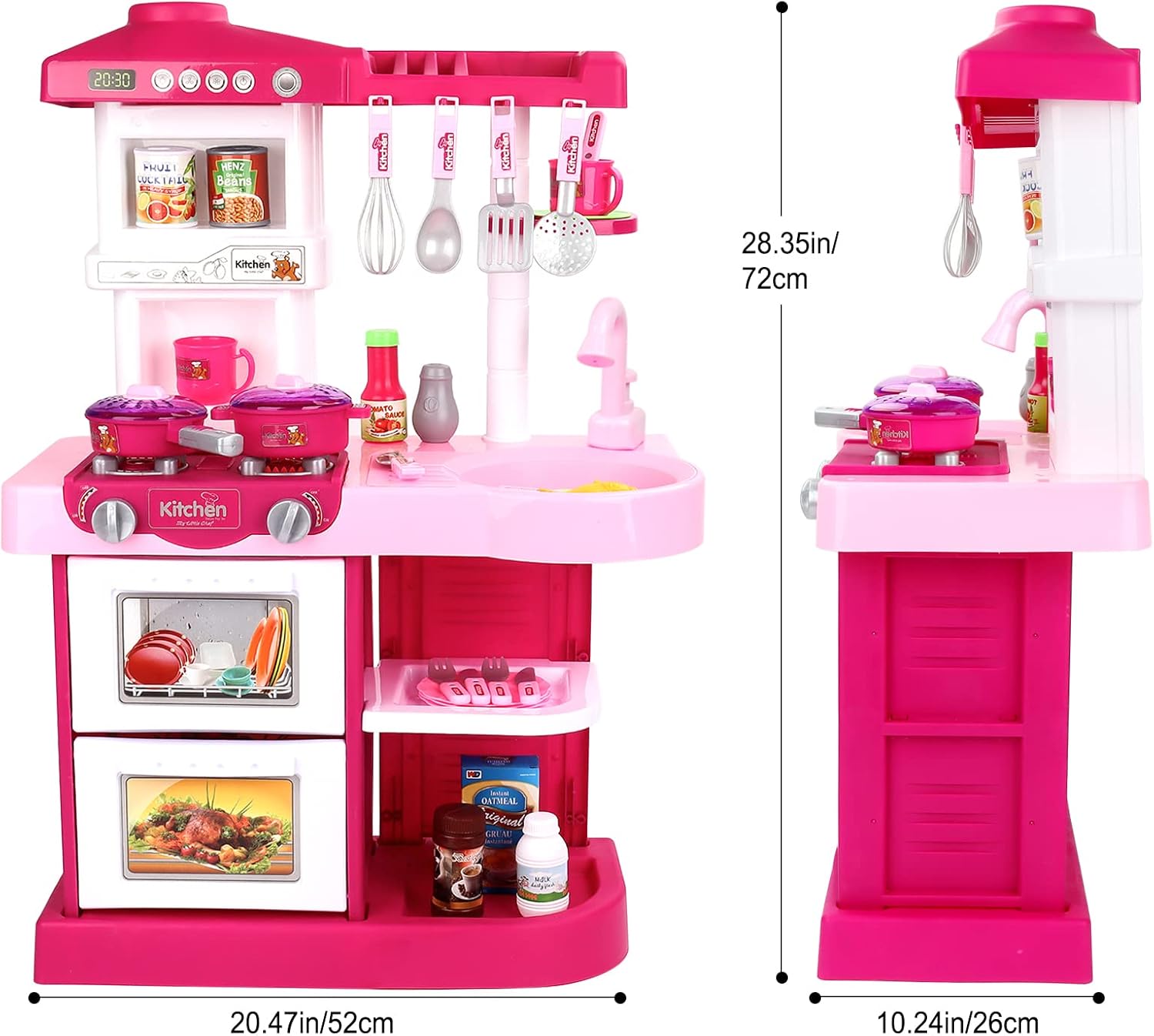 deAO My Little Chef Kitchen Play Set with 30 Accessories for Children, Features Light and Sound for Children (Pink)