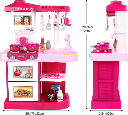 deAO My Little Chef Kitchen Play Set with 30 Accessories for Children, Features Light and Sound for Children (Pink)