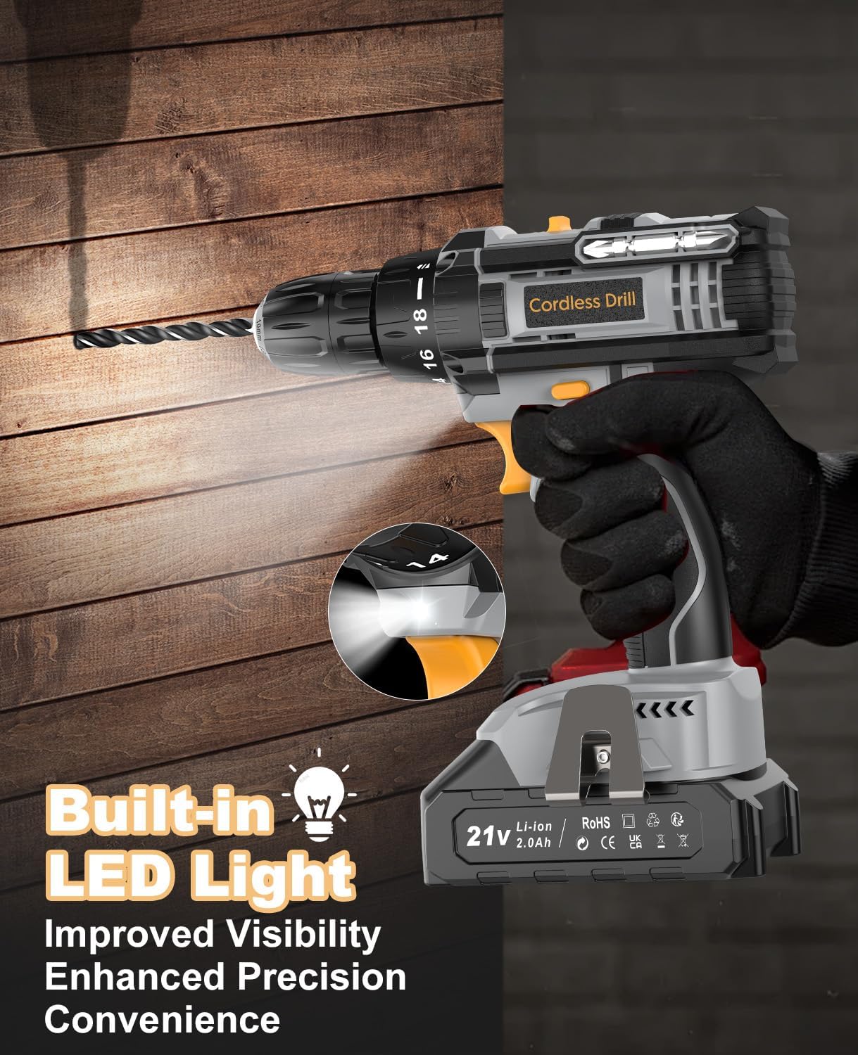 Bamse Cordless Drill 21V, Electric Drill, 1 Battery 2.0Ah Combi Set 42N.m Torque, 18+1 Torque, 2 Speeds, 20PCS Drill Set, LED Light for Garden DIY,Grey