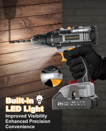 Bamse Cordless Drill 21V, Electric Drill, 1 Battery 2.0Ah Combi Set 42N.m Torque, 18+1 Torque, 2 Speeds, 20PCS Drill Set, LED Light for Garden DIY,Grey