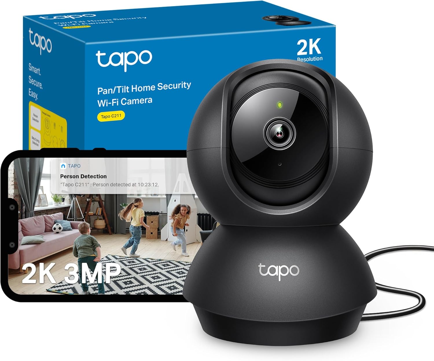 Tapo C211 2K 3MP Pan/Tilt Indoor Camera House Security Camera, WiFi Camera, No Monthly Fee, AI Detection, Dog Camera, Baby Camera Monitor, CCTV, 360° View, Night Vision, Works with Alexa & Google