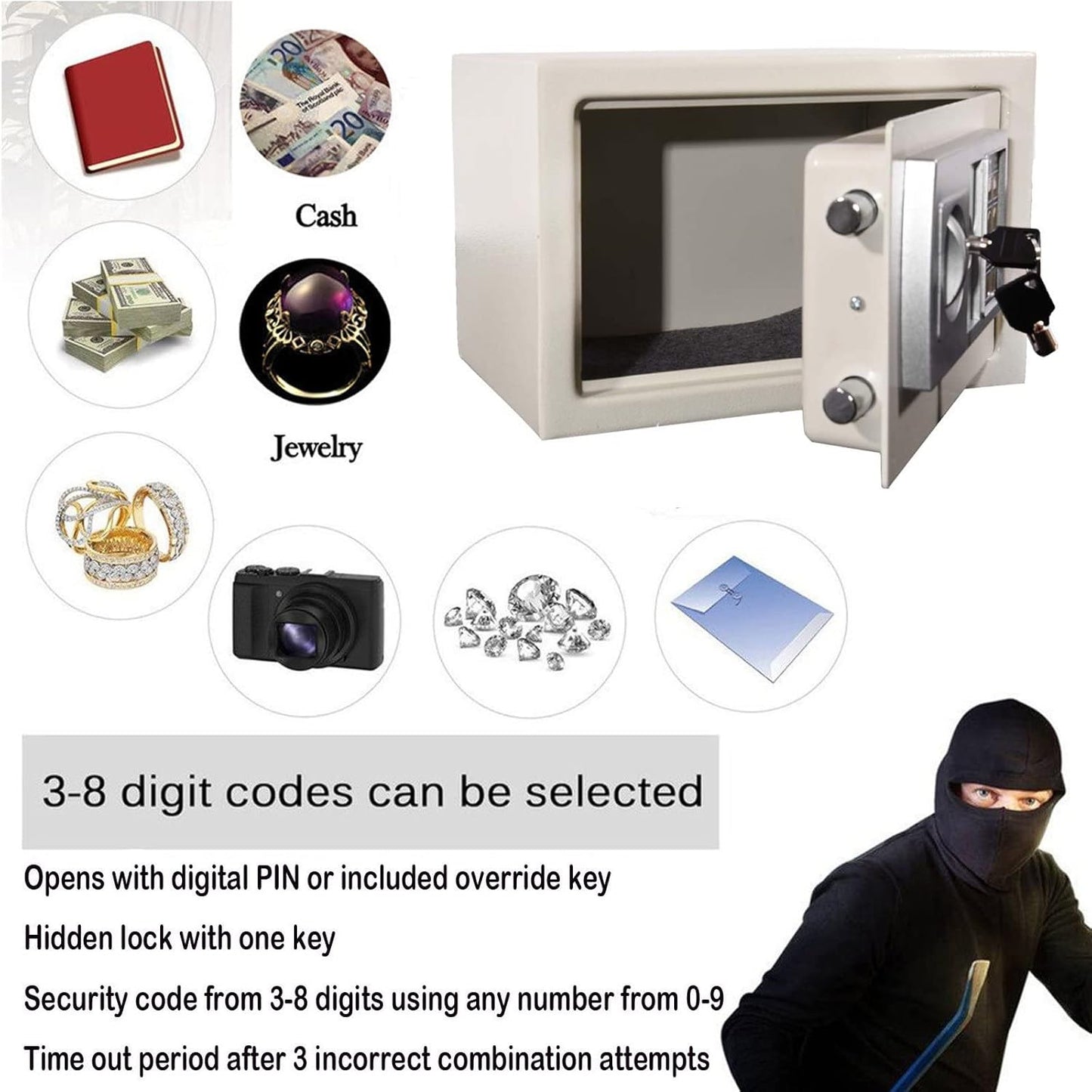 Safes for Home Fireproof Waterproof with 2 Manual Override Keys, 8.5L Security Safe Cash Box with Double Digital Keypad and Safety Key Lock Cabinet Safes, White