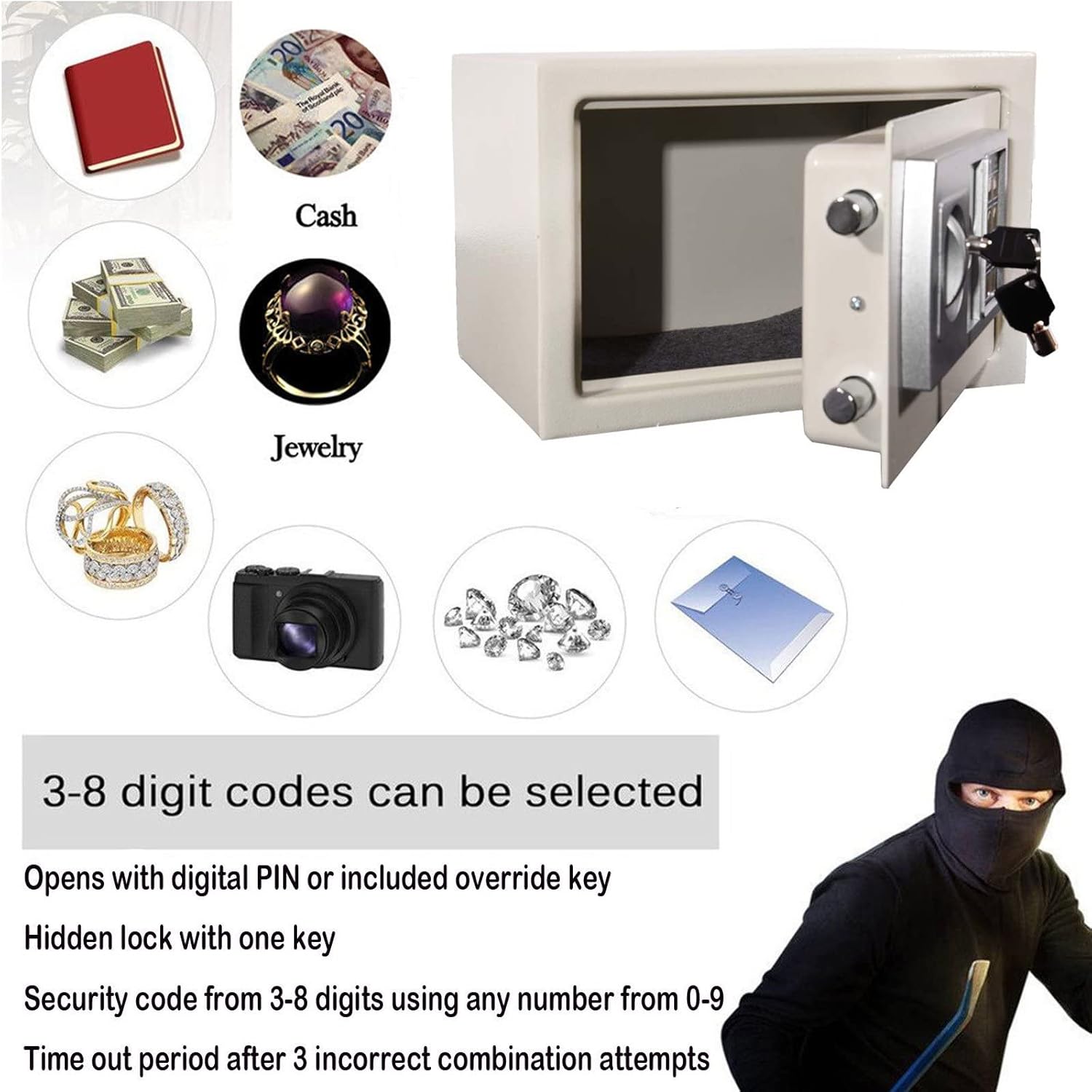 Safes for Home Fireproof Waterproof with 2 Manual Override Keys, 8.5L Security Safe Cash Box with Double Digital Keypad and Safety Key Lock Cabinet Safes, White