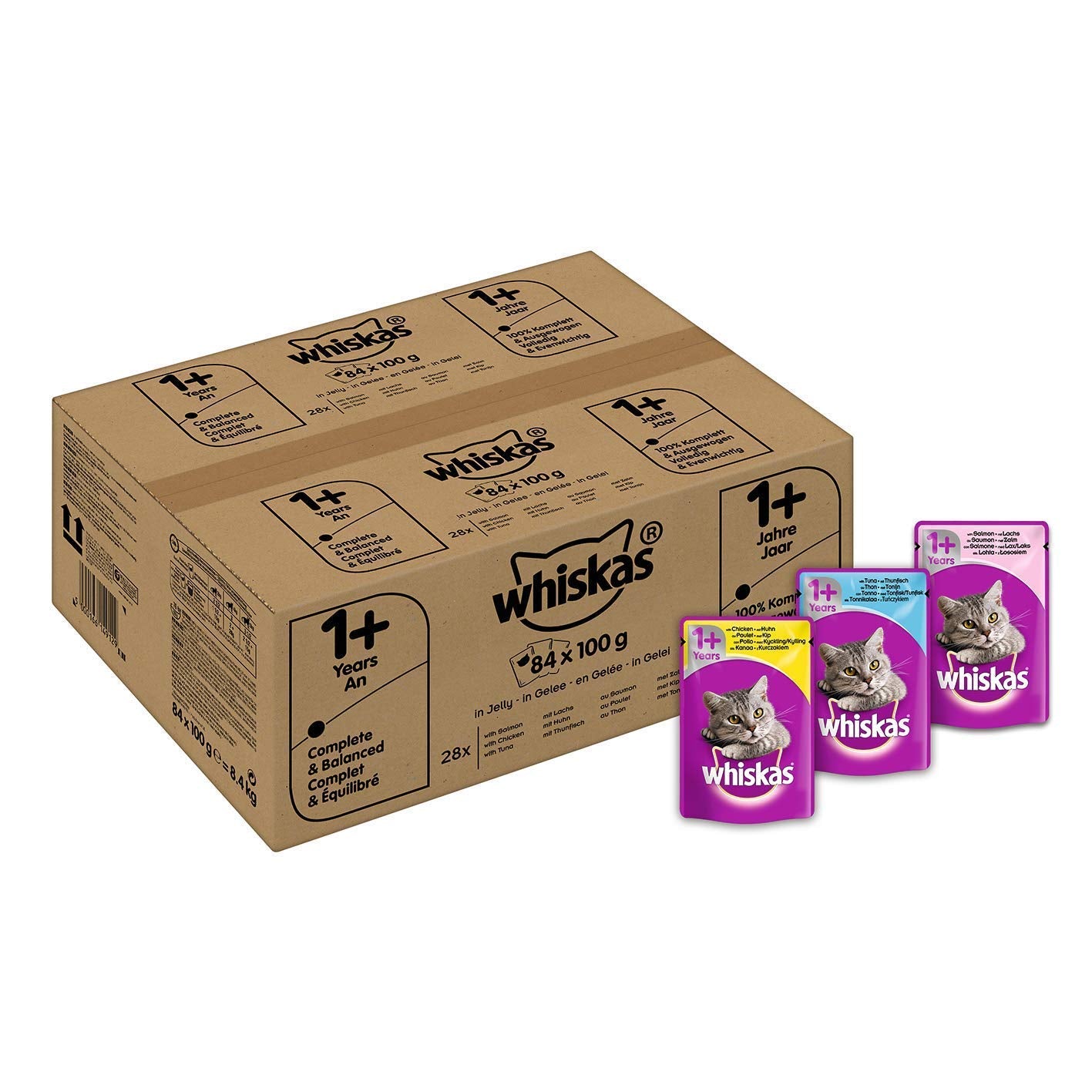 whiskas 1 plus Adult Mixed Selection in Jelly 84 Pouches, Adult Wet Cat Food, Megapack (84 x 85 g)
