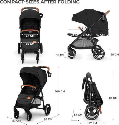 Kinderkraft GRANDE PLUS Stroller pushchair for toddlers from Birth to 22 kg, Extra-large hood, Lie-flat position, Folding with one hand, Shock absorption on all wheels, Black