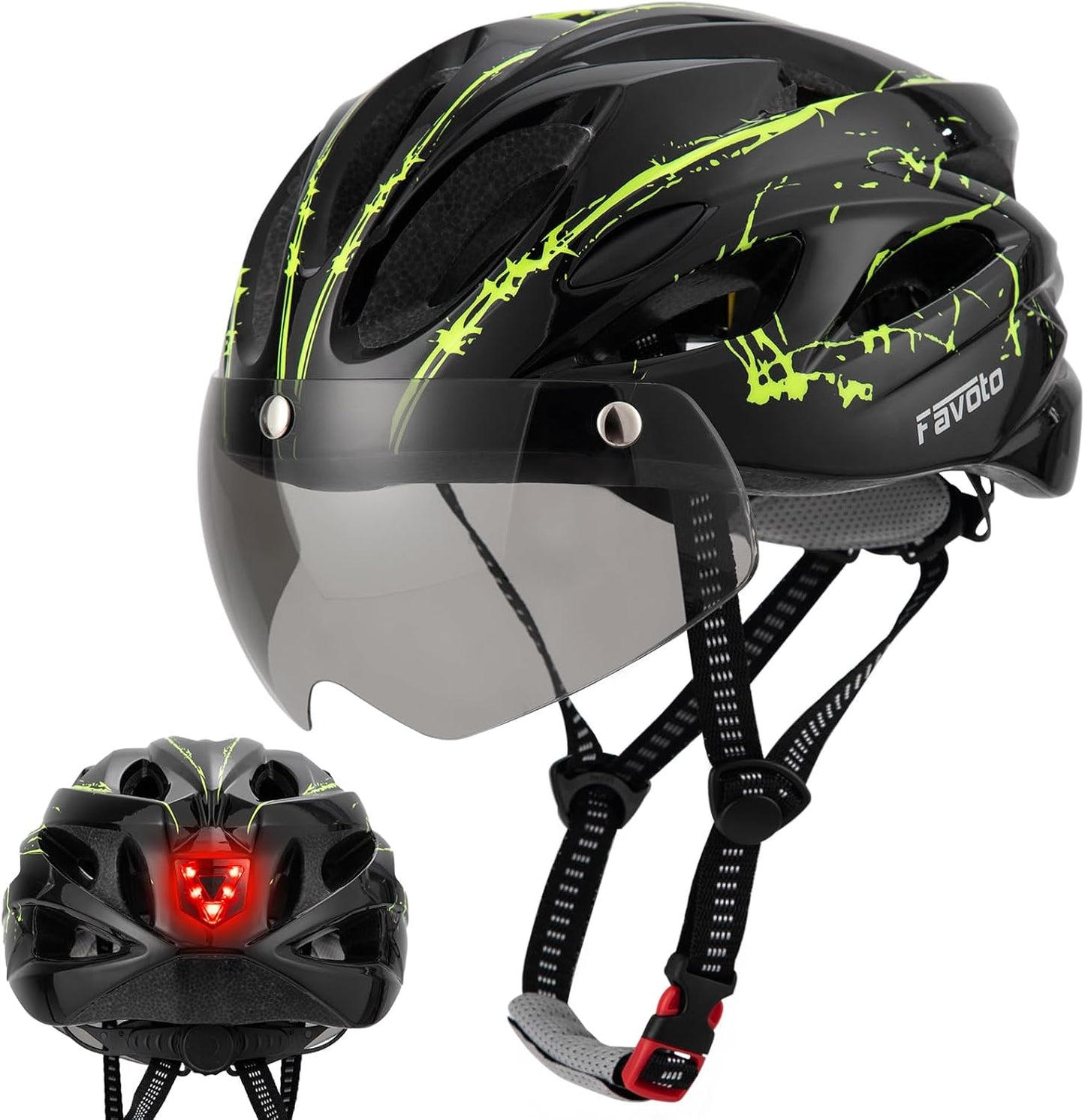 Favoto Bike Helmet with Light for Men & Women, Lightweight Bicycle Helmet with Magnetic Goggle, Rear LED Light, Removable Lining, Adjustable Size 59-61 cm, EPS In-Mould Technology