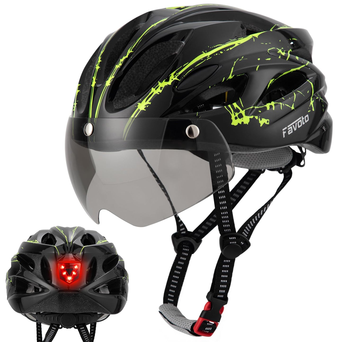 Favoto Bike Helmet with Light for Men & Women, Lightweight Bicycle Helmet with Magnetic Goggle, Rear LED Light, Removable Lining, Adjustable Size 59-61 cm, EPS In-Mould Technology