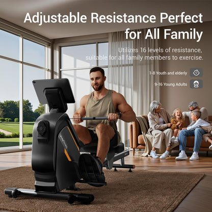 UMAY Rowing Machine, Rowing Machines for Home Gym with Extended Double Rails, Rower Machine with 16 Levels of Quiet Resistance, 158 kg Weight Capacity