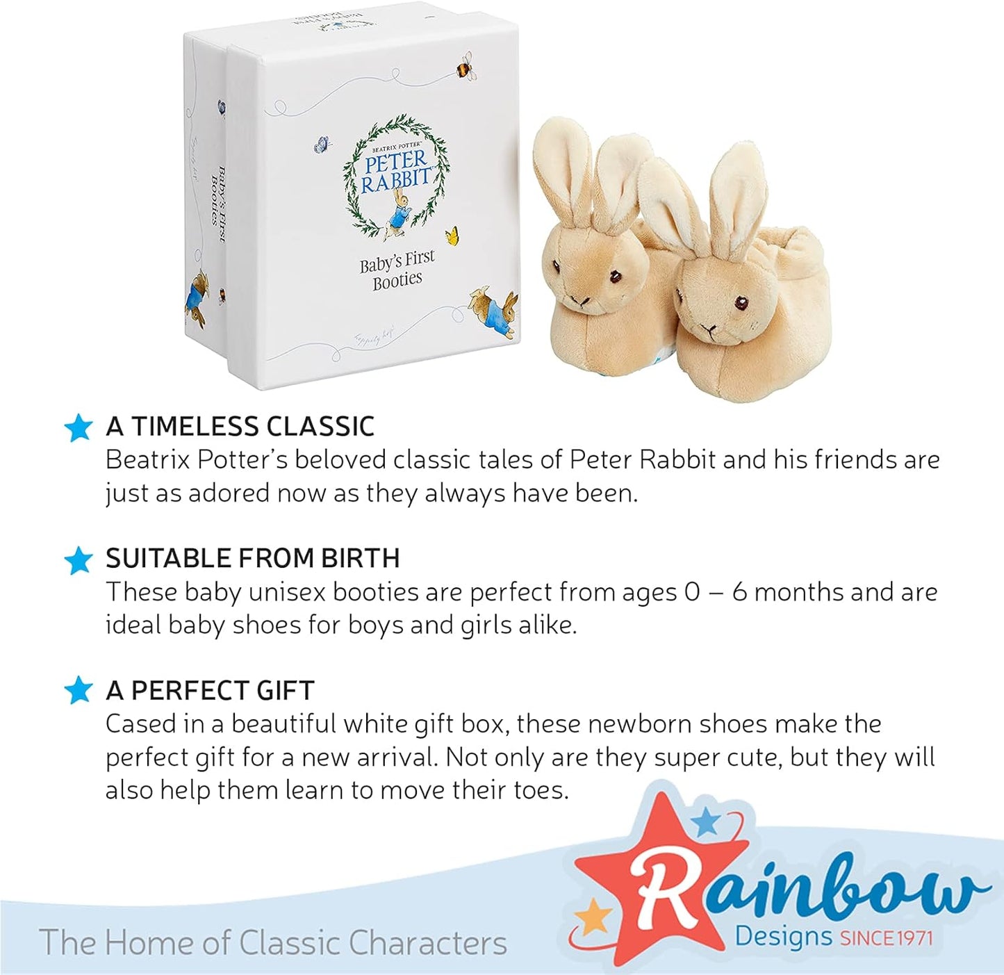 Official Peter Rabbit Baby Booties - Newborn Crib Shoes for Boys and Girls - Unisex Baby Slippers by Rainbow Designs