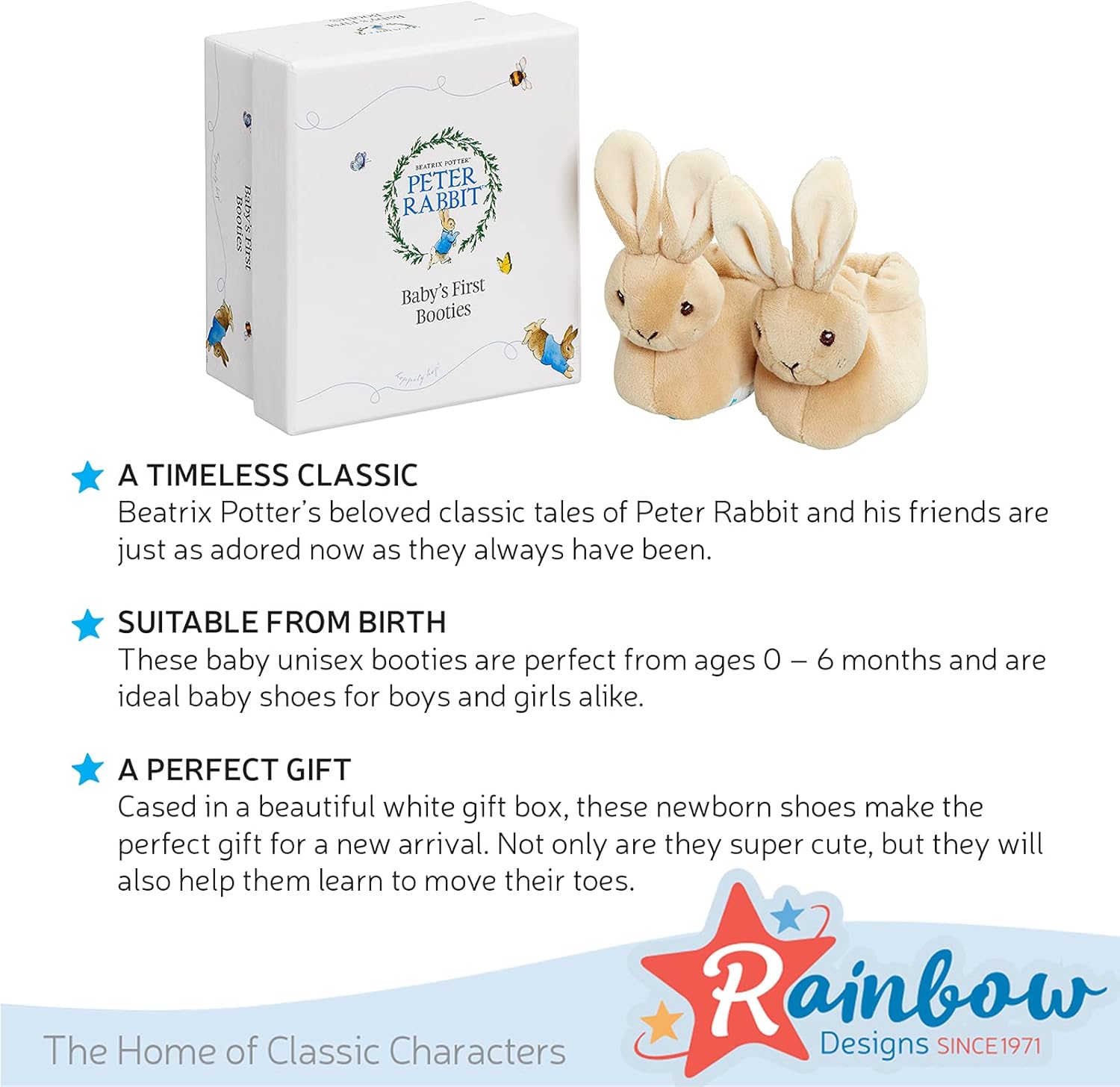 Official Peter Rabbit Baby Booties - Newborn Crib Shoes for Boys and Girls - Unisex Baby Slippers by Rainbow Designs