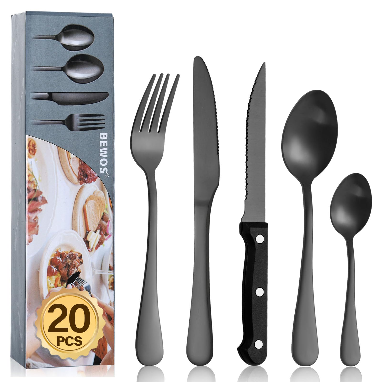 Cutlery Set, BEWOS 16-Piece Stainless Steel Flatware Set, Tableware Silverware Set with Rainbow Spoon Knife and Fork Set, Service for 4, Dishwasher Safe/Easy Clean, Mirror Polished
