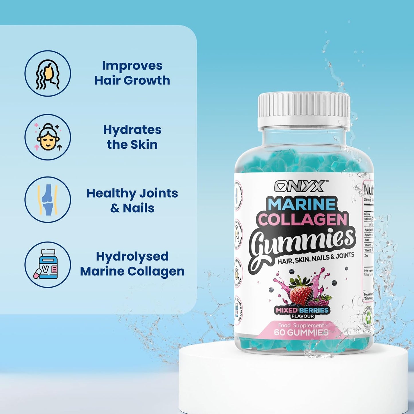 Onyx Marine Collagen 2200mg with Hyaluronic Acid & Biotin - High Strength Collagen Supplements for Women & Men - 60 Vegan Gummies