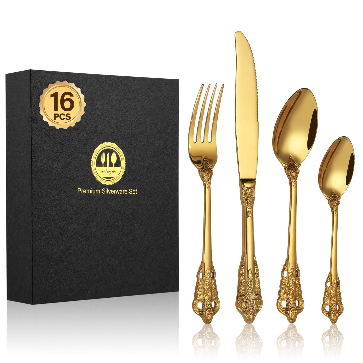 Cutlery Set, BEWOS 16-Piece Stainless Steel Flatware Set, Tableware Silverware Set with Rainbow Spoon Knife and Fork Set, Service for 4, Dishwasher Safe/Easy Clean, Mirror Polished