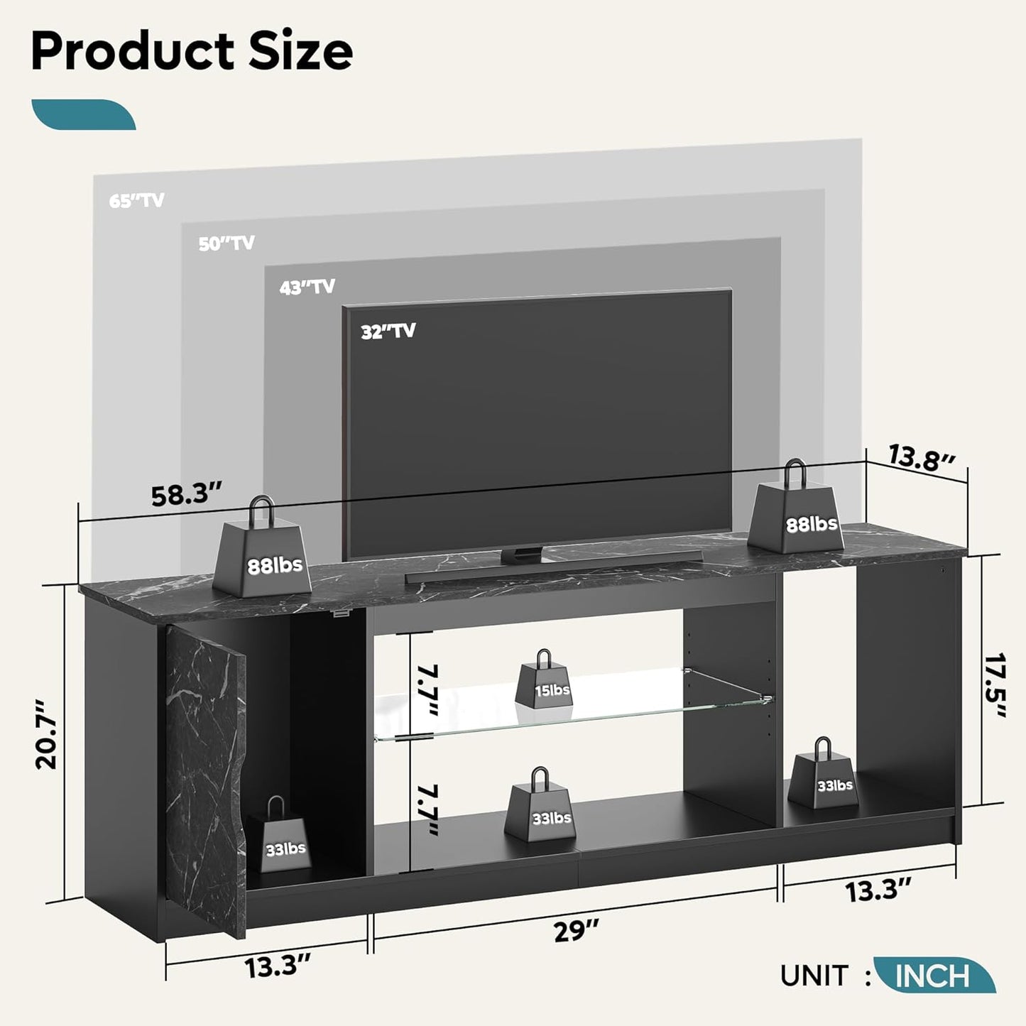 Bestier 145 CM LED TV Stand for 55/60 / 65 Inch TVs Gaming Entertainment Center with Cabinet for PS5 Modern TV Cabinet with Adjustable Glass Shelves for Living Room Bedroom