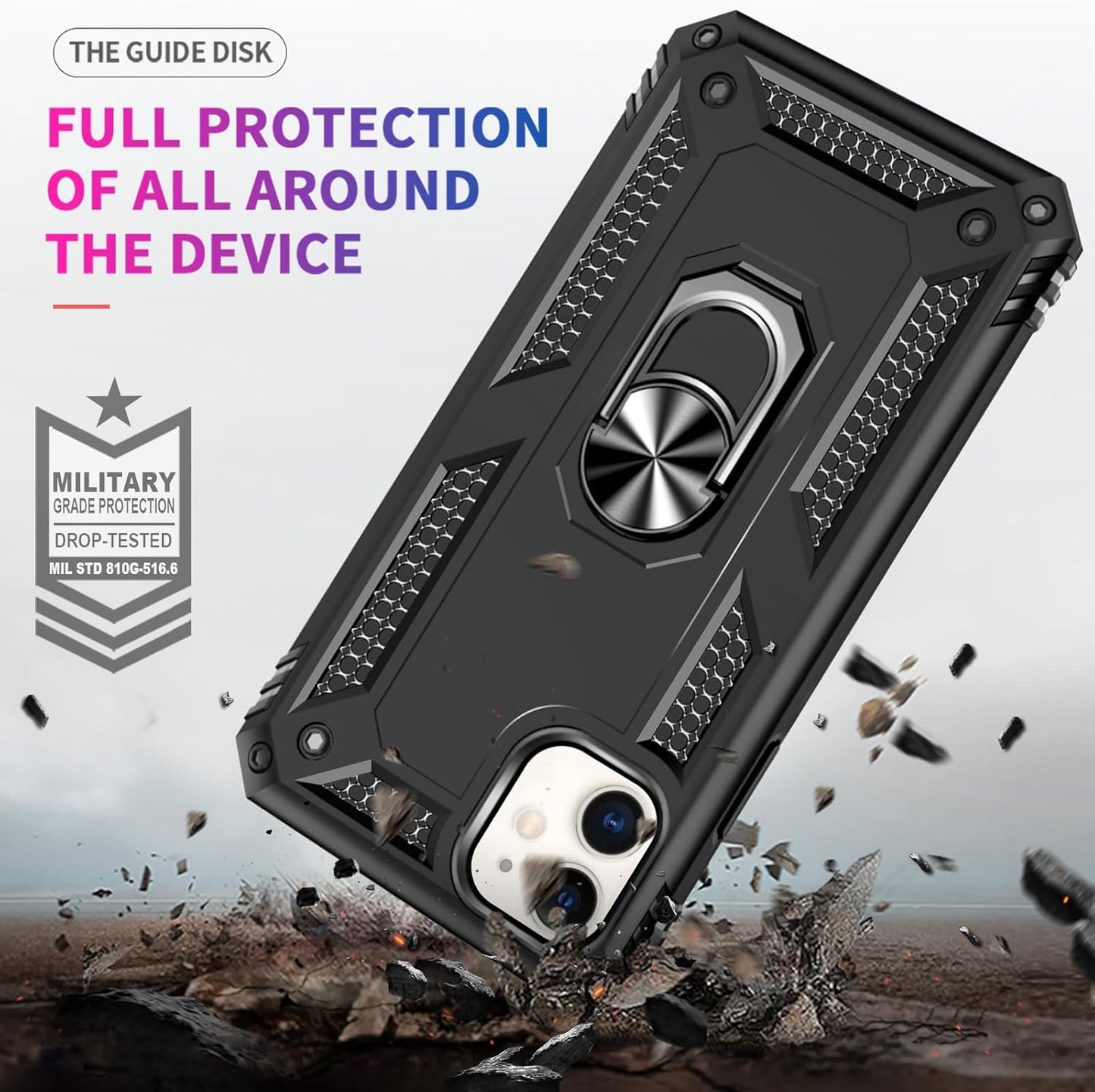 Yiakeng iPhone 11 Phone Case, iPhone 11 Case With Screen Protector, Silicone Shockproof Military Grade Protective Phone Cover with Ring Kickstand for iPhone 11 (Black)