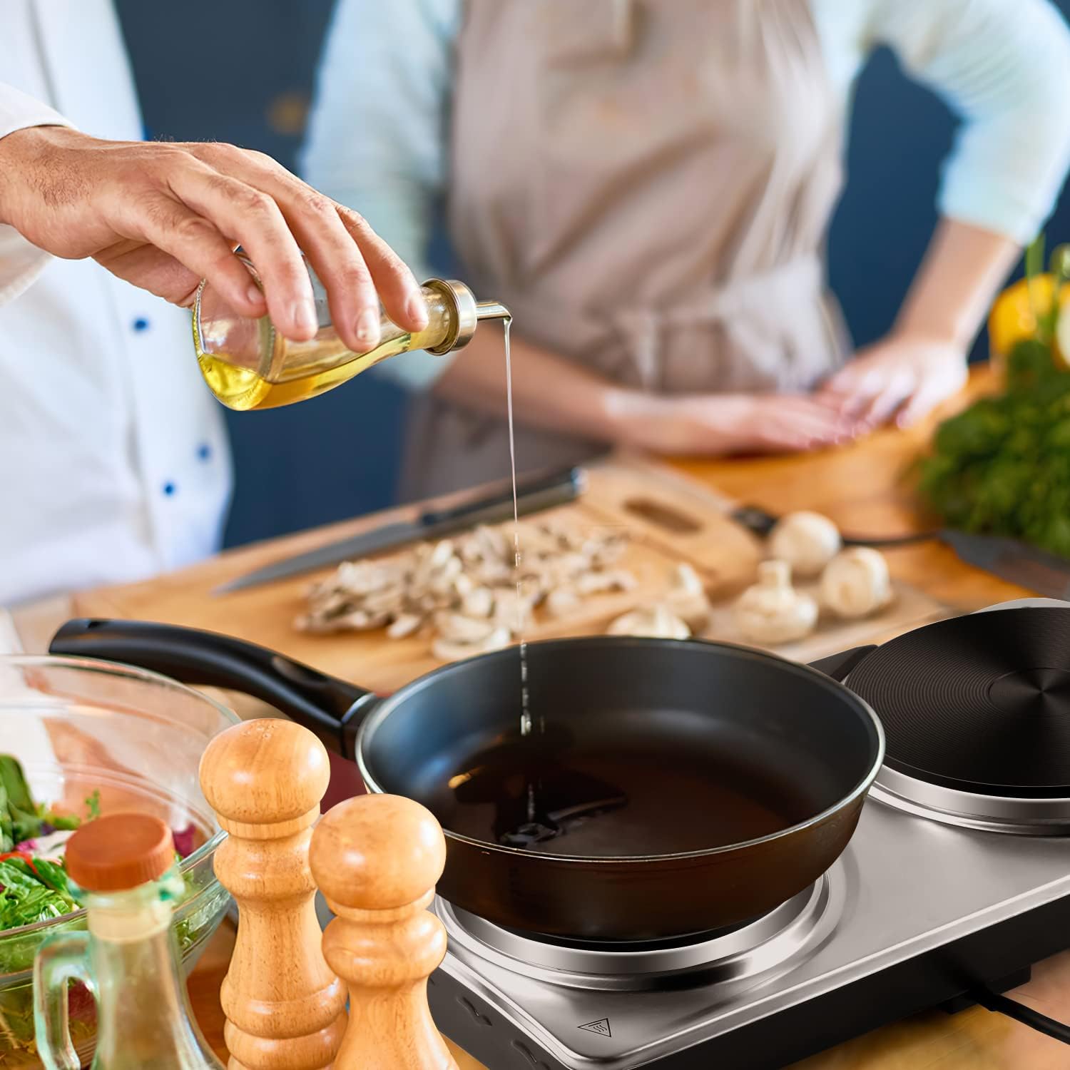 Double Hot Plate, CUSIMAX Electric Hot Plate for Cooking Portable Electric Hob, Cooktop Table Top Hob with 2 Cast Iron Rings Double Burner with Dual Temperature Control Stainless Steel