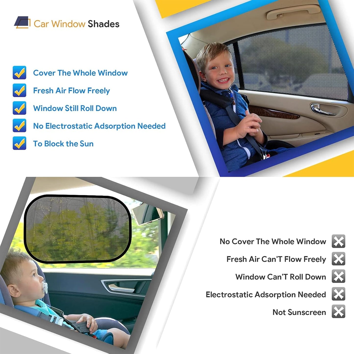 Car Rear Children's Window Shades for Baby (Pack of Two) - Stretchable & Breathable Window Screens for Sun Protection Sunshade, Car Window Shade All-round Protection for Kids - Fits Most Vehicles