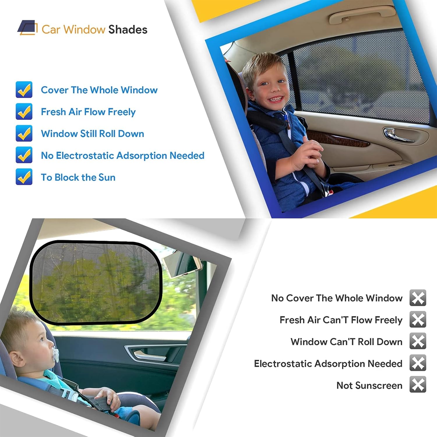 Car Rear Children's Window Shades for Baby (Pack of Two) - Stretchable & Breathable Window Screens for Sun Protection Sunshade, Car Window Shade All-round Protection for Kids - Fits Most Vehicles