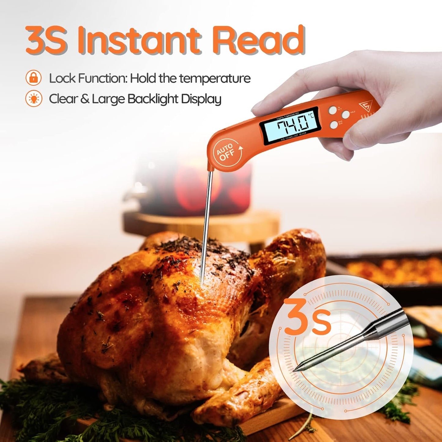 DOQAUS Food Thermometer, Instant Read Meat Thermometers, Digital Cooking Thermometer, Backlight LCD Screen Foldable Long Probe, Auto On/Off, Perfect for Kitchen Cooking, BBQ, Water,Meat, Milk(Orange)