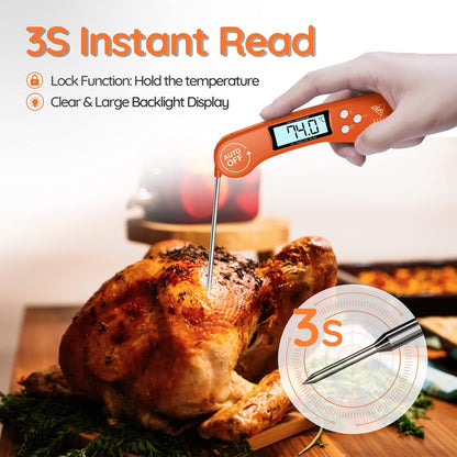 DOQAUS Food Thermometer, Instant Read Meat Thermometers, Digital Cooking Thermometer, Backlight LCD Screen Foldable Long Probe, Auto On/Off, Perfect for Kitchen Cooking, BBQ, Water,Meat, Milk(Orange)