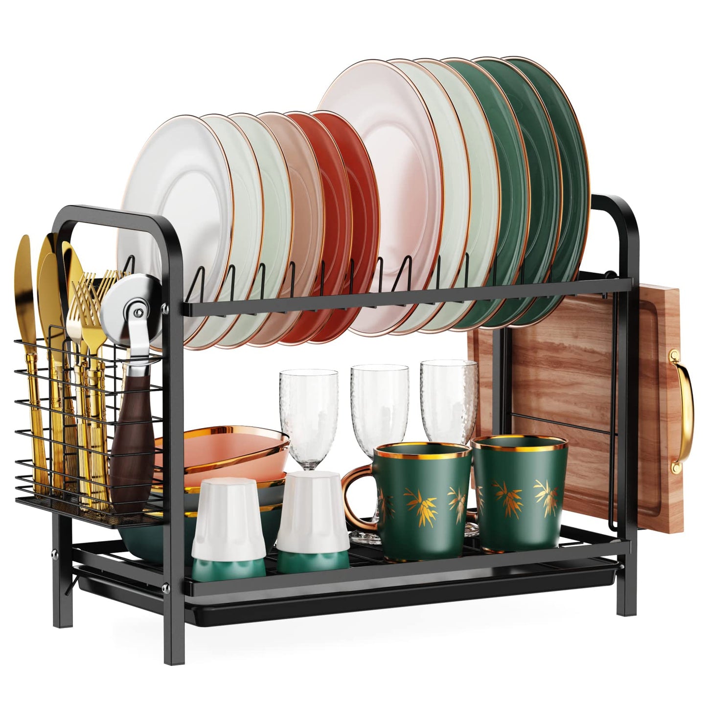 iSPECLE 2 Tier Dish Drainer Rack - Small Dish Drying Rack with Drip Tray, Space-Saving Draining Board Rack with Utensil Cutting & Board Holder for Kitchen Worktop, Black