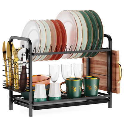 iSPECLE 2 Tier Dish Drainer Rack - Small Dish Drying Rack with Drip Tray, Space-Saving Draining Board Rack with Utensil Cutting & Board Holder for Kitchen Worktop, Black