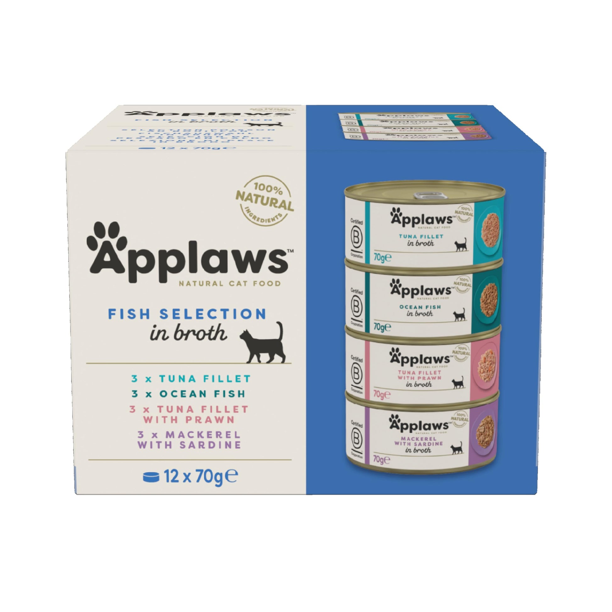 Applaws Natural Wet Cat Food, Multipack Chicken and Fish Selection in Broth 70 g Tin (Pack of 12)