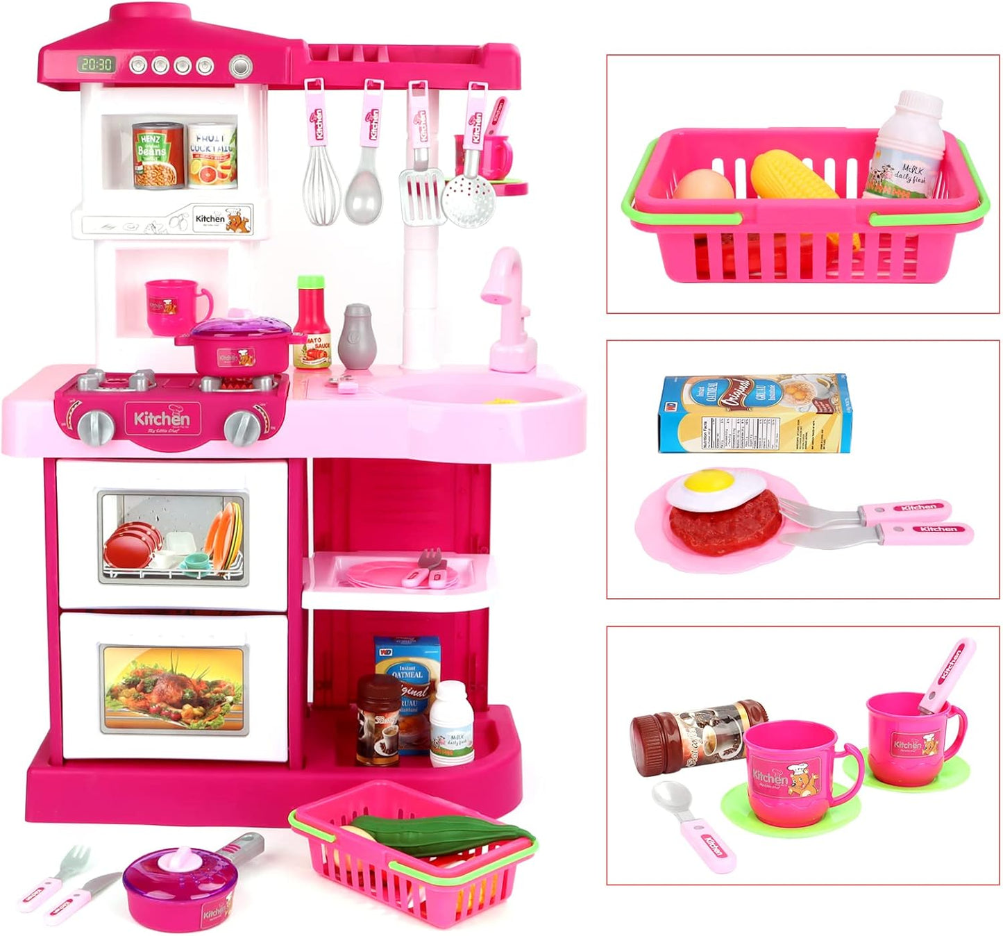 deAO My Little Chef Kitchen Play Set with 30 Accessories for Children, Features Light and Sound for Children (Pink)