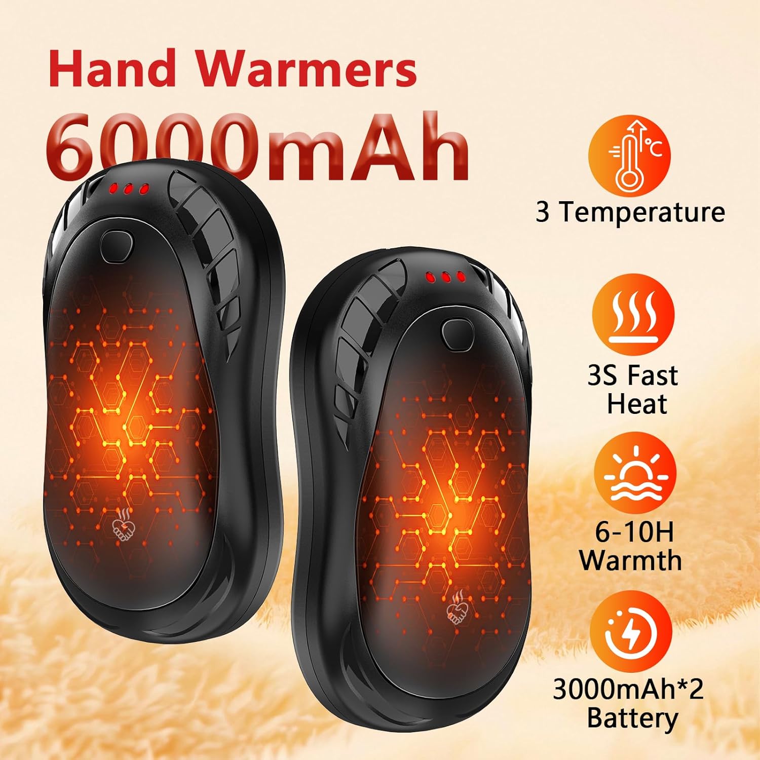 Hand Warmers Rechargeable 2 Pack FANDLISS 6000mAh Portable Reusable Hand Warmer,USB Rechargeable Hand Warmer 3 Heat Levels Up To 55°C For Raynauds,Outdoor,Camping,Women Mens Gifts