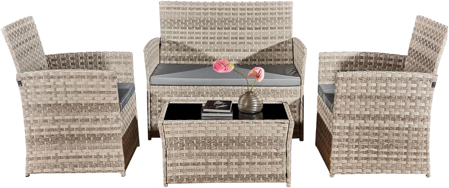 4 Piece Rattan Garden Furniture Sets, Patio Conservatory Set, Include Rattan loveset Sofa, Chair, Glass Coffee Table