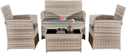 4 Piece Rattan Garden Furniture Sets, Patio Conservatory Set, Include Rattan loveset Sofa, Chair, Glass Coffee Table