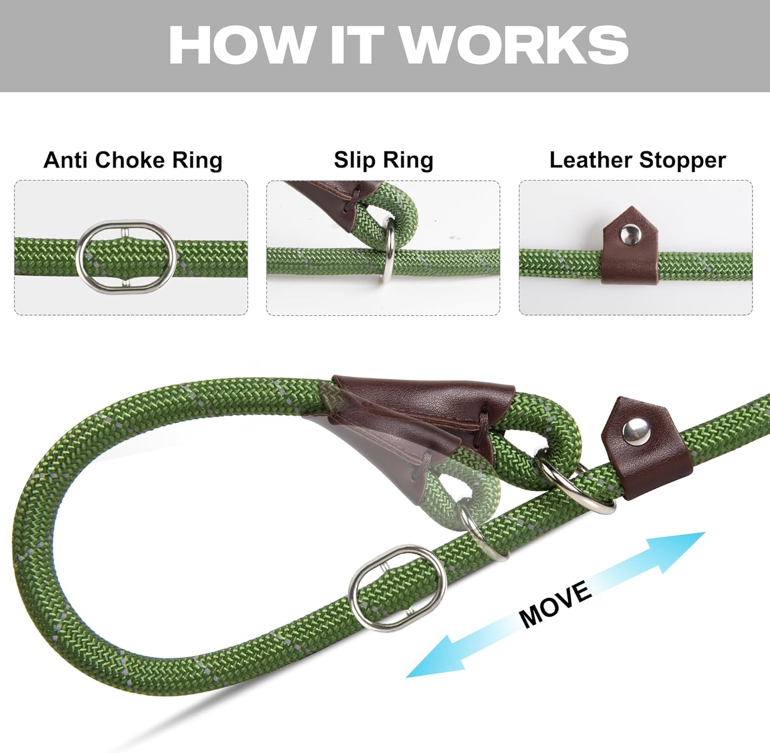 Fida Slip Rope Dog Lead | 1.8m, One-Size-Fits-All, Slip-On Rope Leash. Easy to Slip On, No Collar or Harness Needed. Durable & Weather Resistant Climbers Rope with Reflective Stitching (Green)