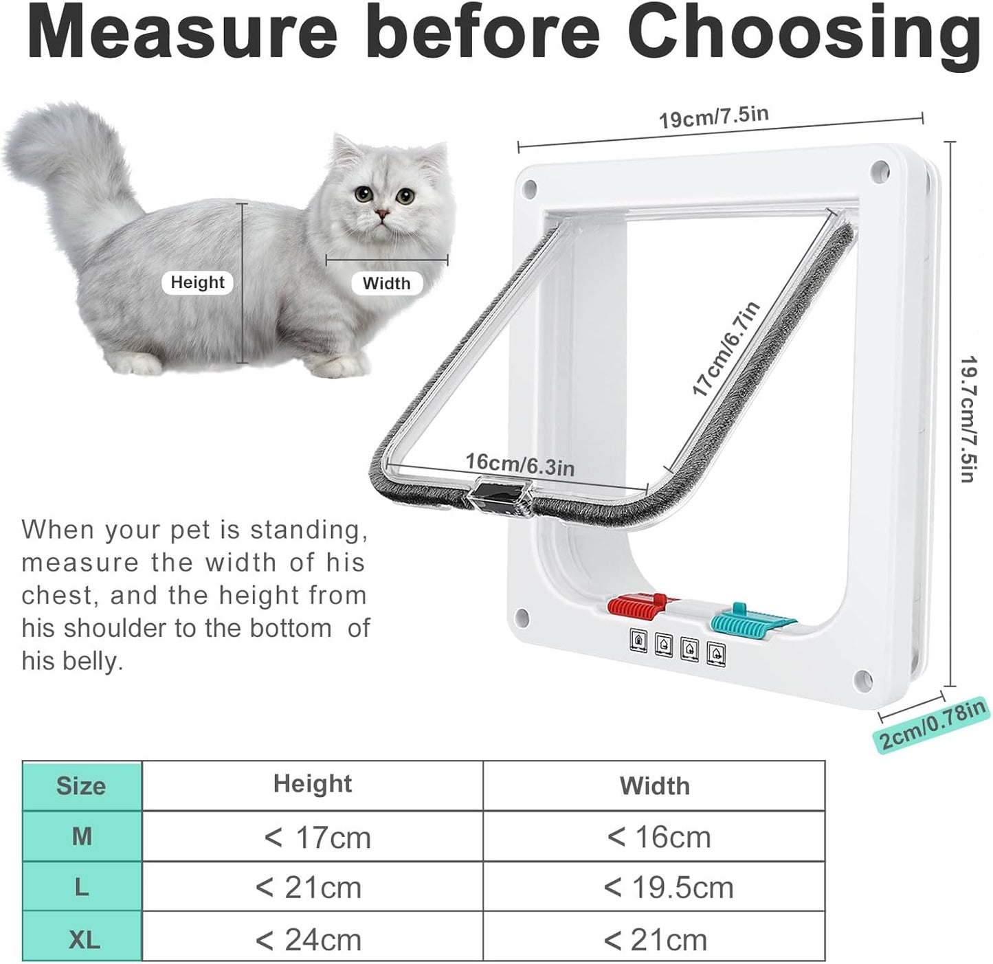 Cat Door for Windows, Pet Doors and Sliding Door, Safety Pet Door with 4 Way Lock, Weatherproof Cat Flap for Thin Door and Wall(Medium, 17cm x 16cm Flap)