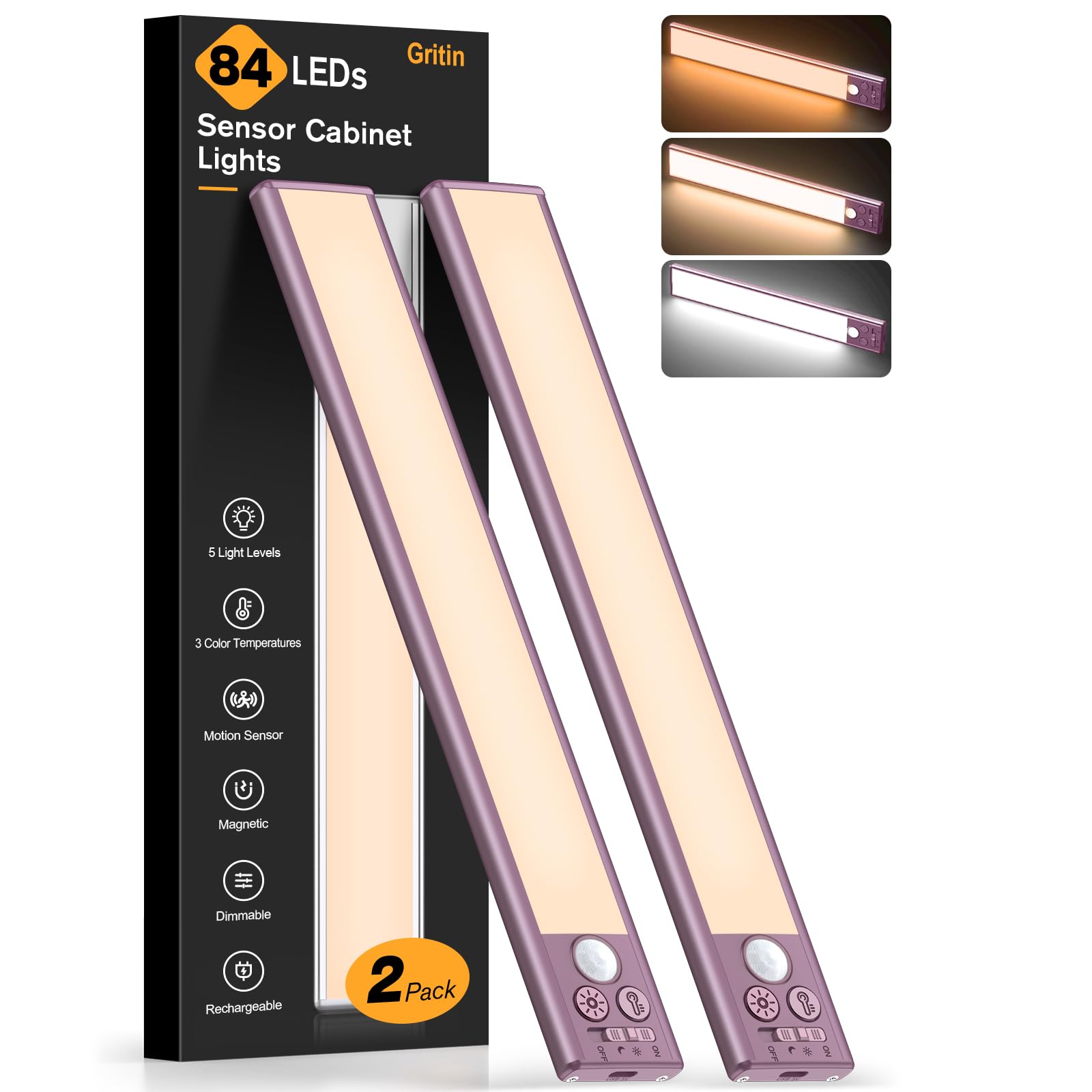 Gritin Under Cabinet Kitchen Lights-84 LED Super Bright,3-Color&5-Brightness,4 Modes,Motion Sensor,Rechargeable 1800mAh Long Lasting-Easy Installation Strong Magnetic Under Closet Light-2 Pack