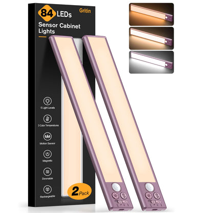 Gritin Under Cabinet Kitchen Lights-84 LED Super Bright,3-Color&5-Brightness,4 Modes,Motion Sensor,Rechargeable 1800mAh Long Lasting-Easy Installation Strong Magnetic Under Closet Light-2 Pack
