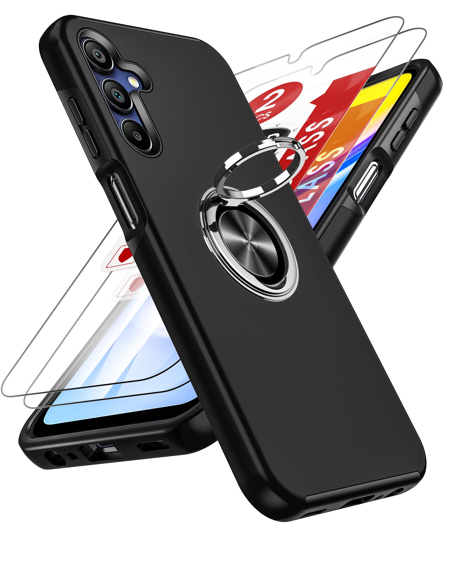 LeYi for Samsung Galaxy A15 4G/5G Case: and 2 Tempered Glass Screen Protector, with 360 Ring Holder Stand Magnetic Shockproof Heavy Duty Protective Phone Cover for A 15,Blue