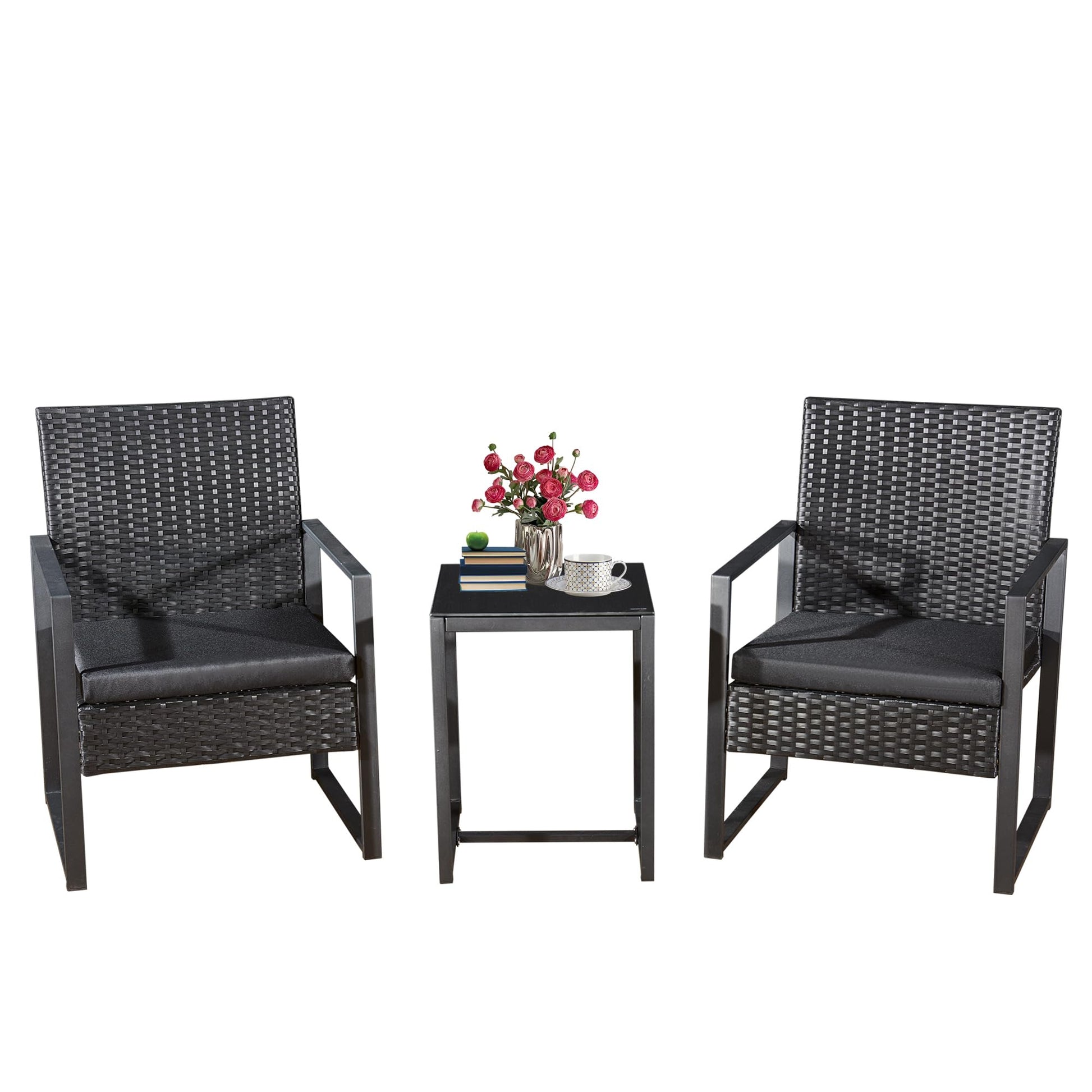 4 Piece Rattan Garden Furniture Sets, Patio Conservatory Set, Include Rattan loveset Sofa, Chair, Glass Coffee Table