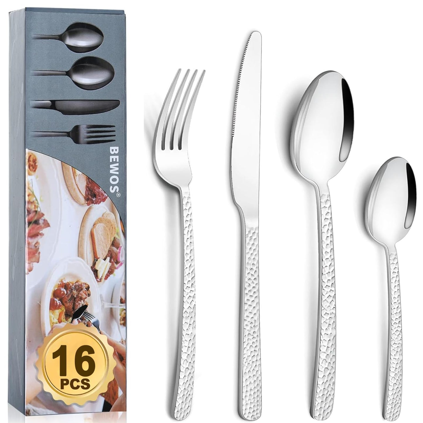 Cutlery Set, BEWOS 16-Piece Stainless Steel Flatware Set, Tableware Silverware Set with Rainbow Spoon Knife and Fork Set, Service for 4, Dishwasher Safe/Easy Clean, Mirror Polished