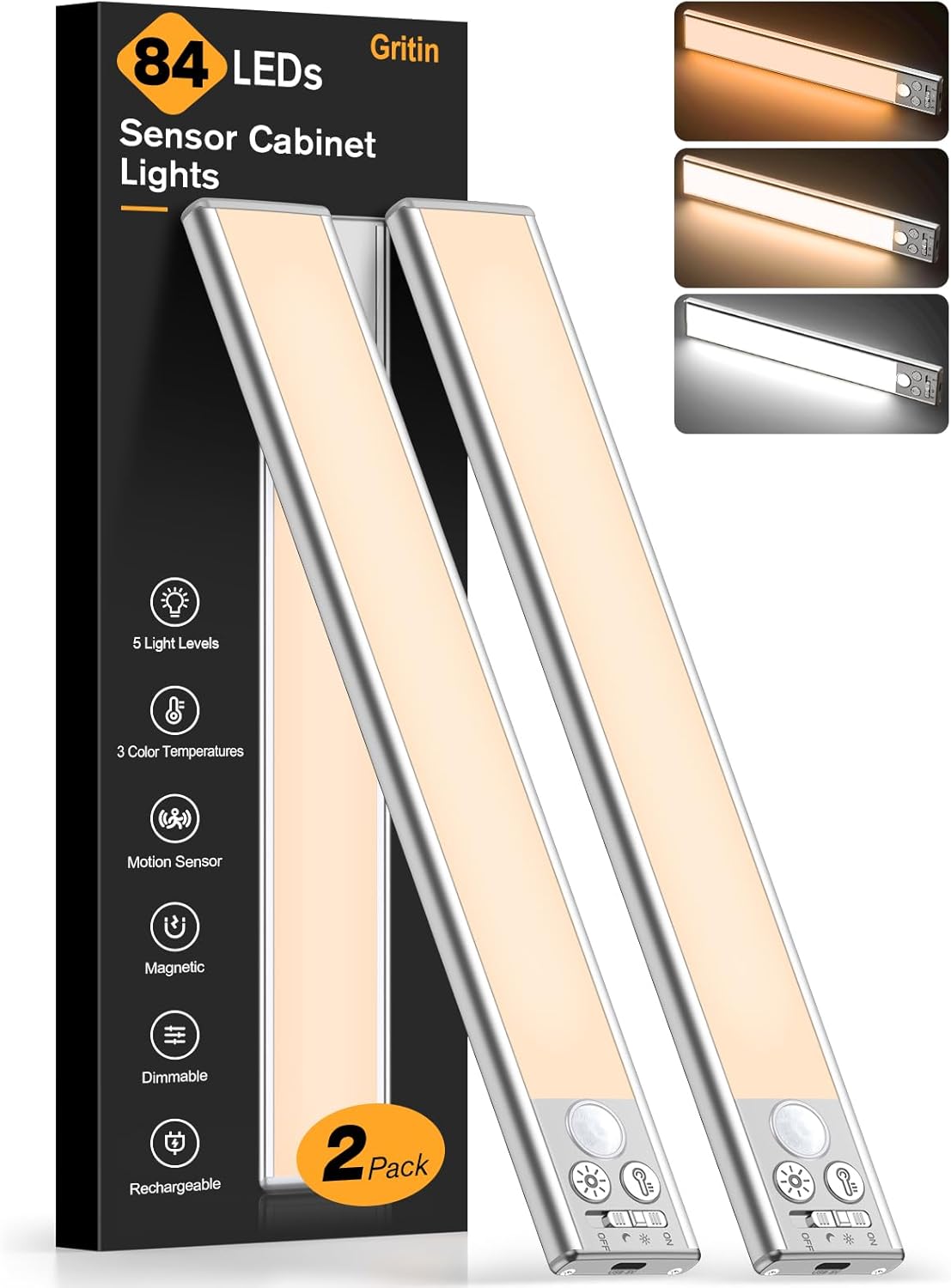Gritin Under Cabinet Kitchen Lights-84 LED Super Bright,3-Color&5-Brightness,4 Modes,Motion Sensor,Rechargeable 1800mAh Long Lasting-Easy Installation Strong Magnetic Under Closet Light-2 Pack
